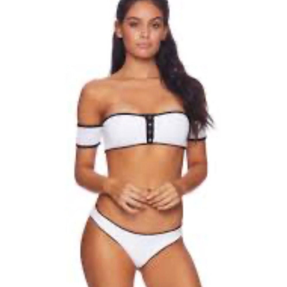 Beach Bunny Swimwear‎ Presley White Black Trim Off Shoulder Bikini XL NWT